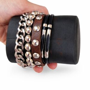 Men’s Bracelet Stack Set Black Brown Silver Stud Leather Chain $85